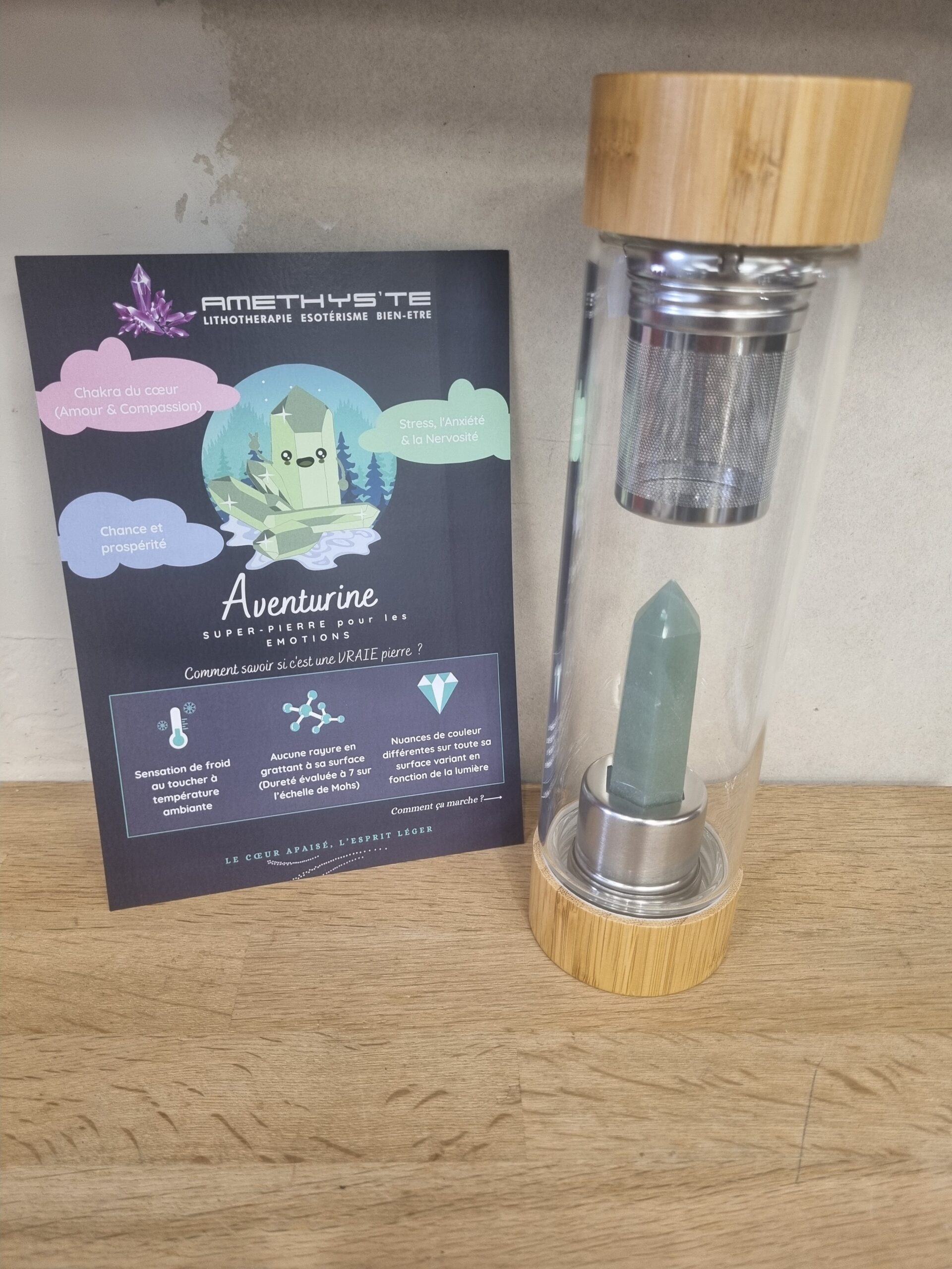 GOURDE À THÉ EN VERRE PLUS POINTE D'AVENTURINE VERTE