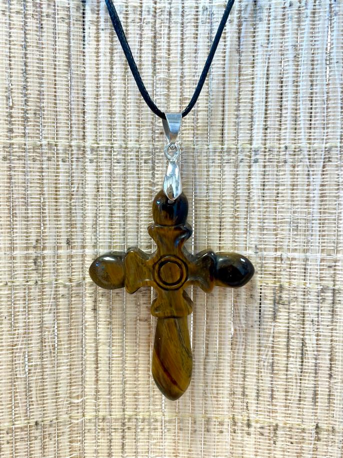 PENDENTIF OEIL DE TIGRE CROIX BÉLIÈRE ARGENT 4.5X3.5CM 1 150410