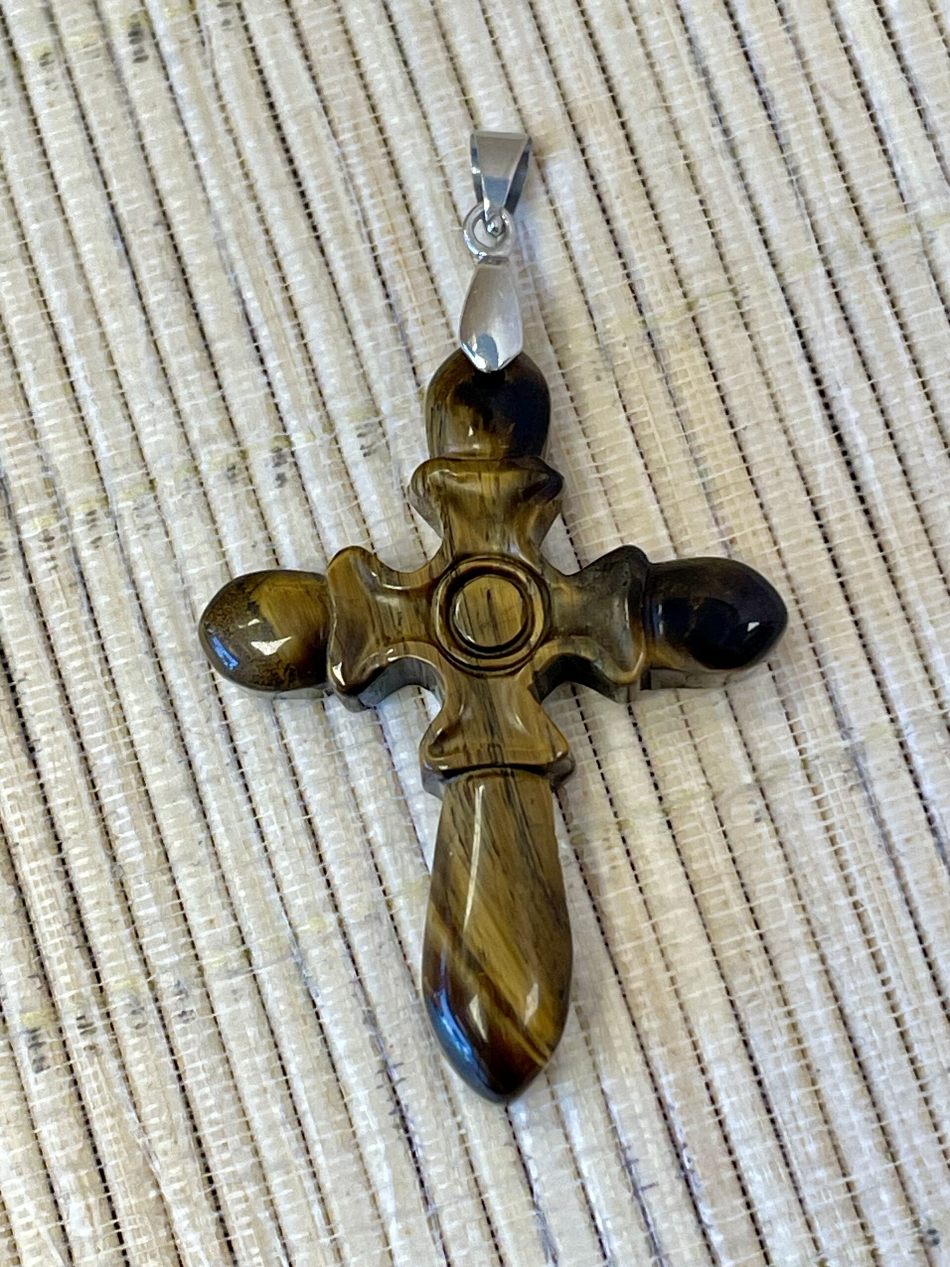 PENDENTIF OEIL DE TIGRE CROIX BÉLIÈRE ARGENT 4.5X3.5CM 2 15041jpeg