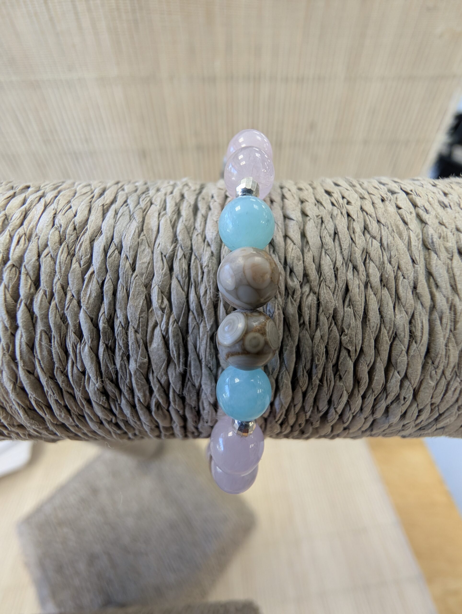 BRACELET QUARTZ ROSE, AMAZONITE ET JASPE LÉOPARD ET PERLES ARGENTS 6MM 1 15256