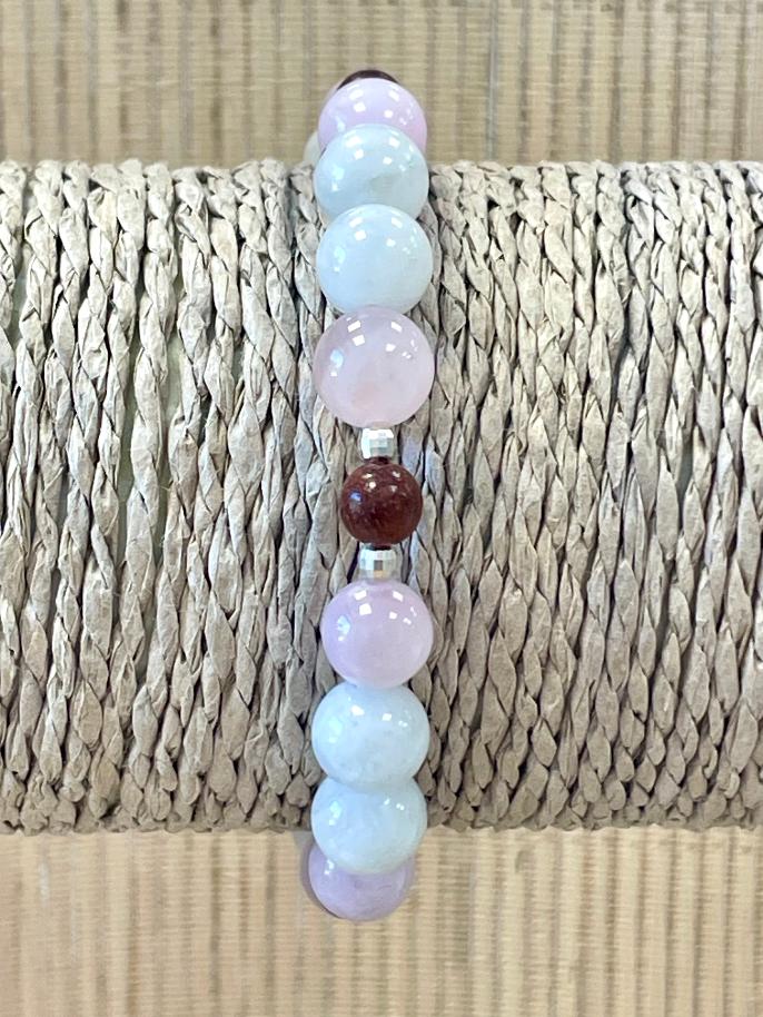BRACELET KUNZITE PIERE DE LUNE 8MM BOIS DE ROSE 6MM ET PERLE ARGENT 4MM 1 15258