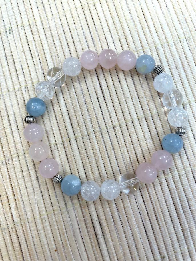 BRACELET QUARTZ ROSE CRISTAL DE ROCHE AIGUE MARINE 8MM ET PERLE MÉTAL 4 MM 2 152600