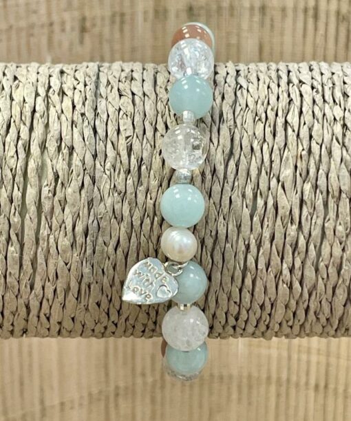 Amethys'te Minéraux 15 Bracelet Pierre de lune aiguë Marine cristal de roche 8 mm perle de culture 6 mm perles argent et charm cœur métal 1